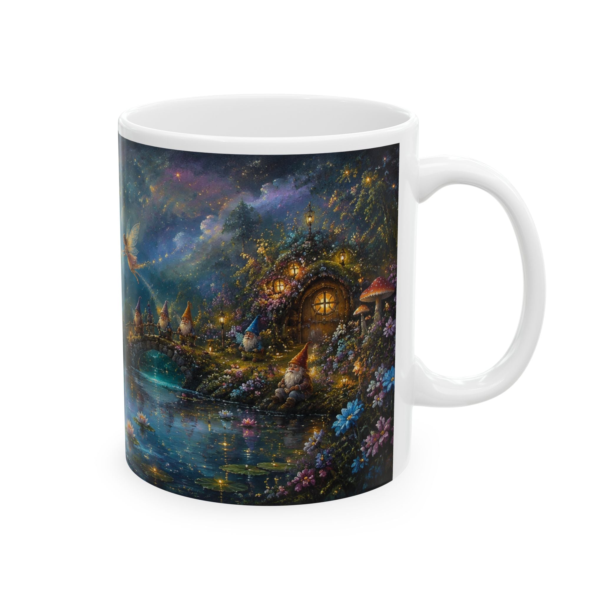 Fantasy Nightscape Ceramic Mug — Moonlit Lake, Hummingbird & Enchanted Garden (11oz/15oz)