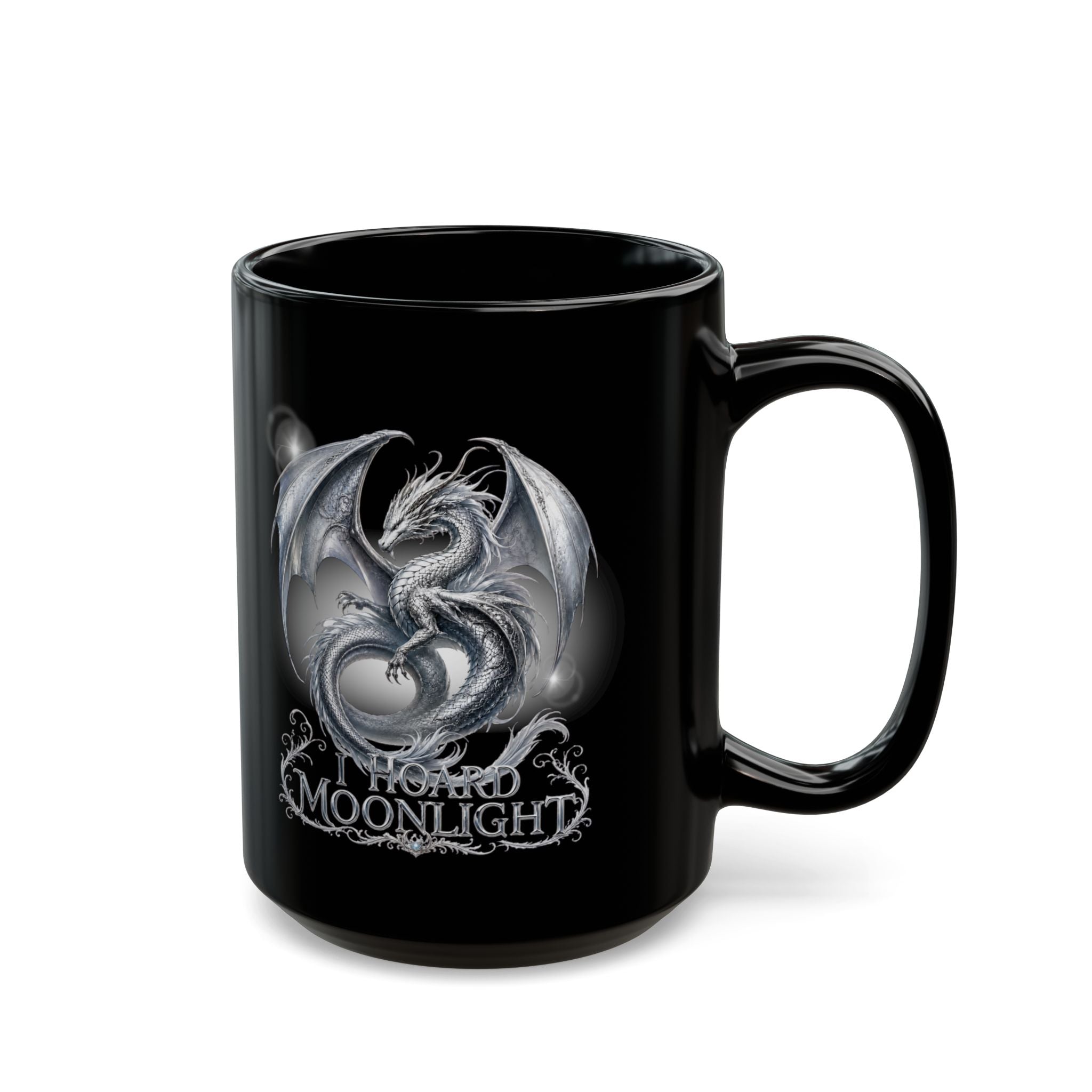 Silver Dragon Orb Black Mug — Fantasy Coffee Cup (11oz, 15oz)