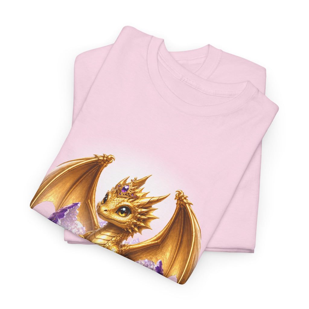Golden Baby Dragon Tee — Cute Fantasy Dragon Shirt with Purple Egg