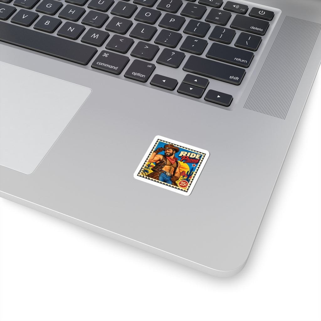 Cowboy Ride Proud Kiss-Cut Sticker — Retro Western Motorcycle Design