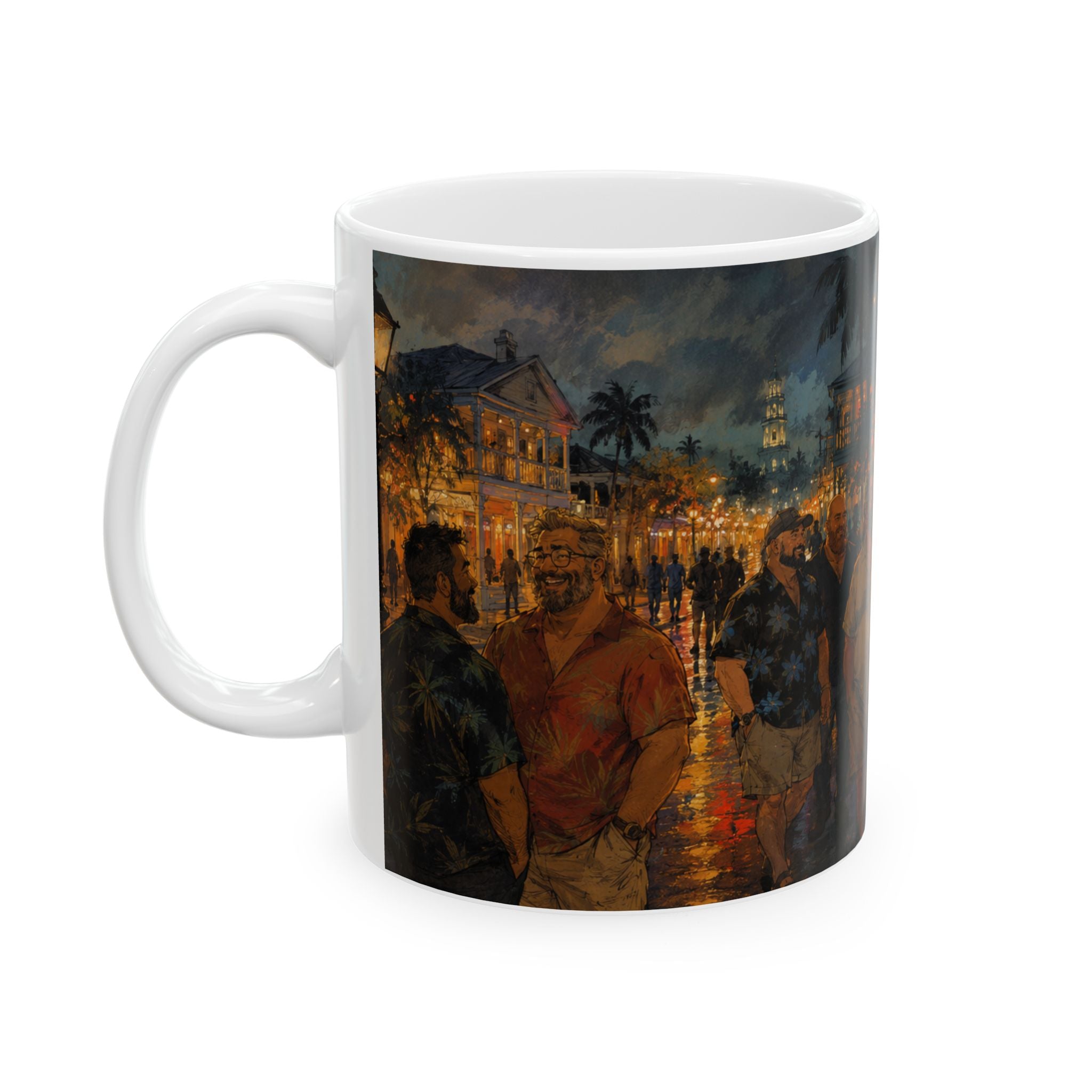 Street Nightlife Ceramic Mug — Cozy Tropical Bear Bar Scene Coffee Cup (11oz/15oz)Bear Coffee Mug