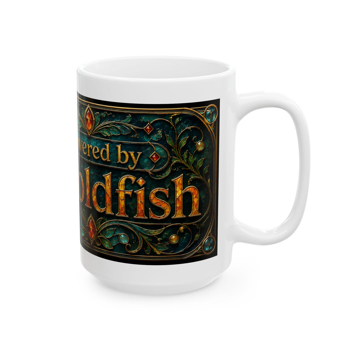Powered by Gold Ceramic Mug — Fantasy Goldfish Art Coffee Cup (11oz & 15oz)