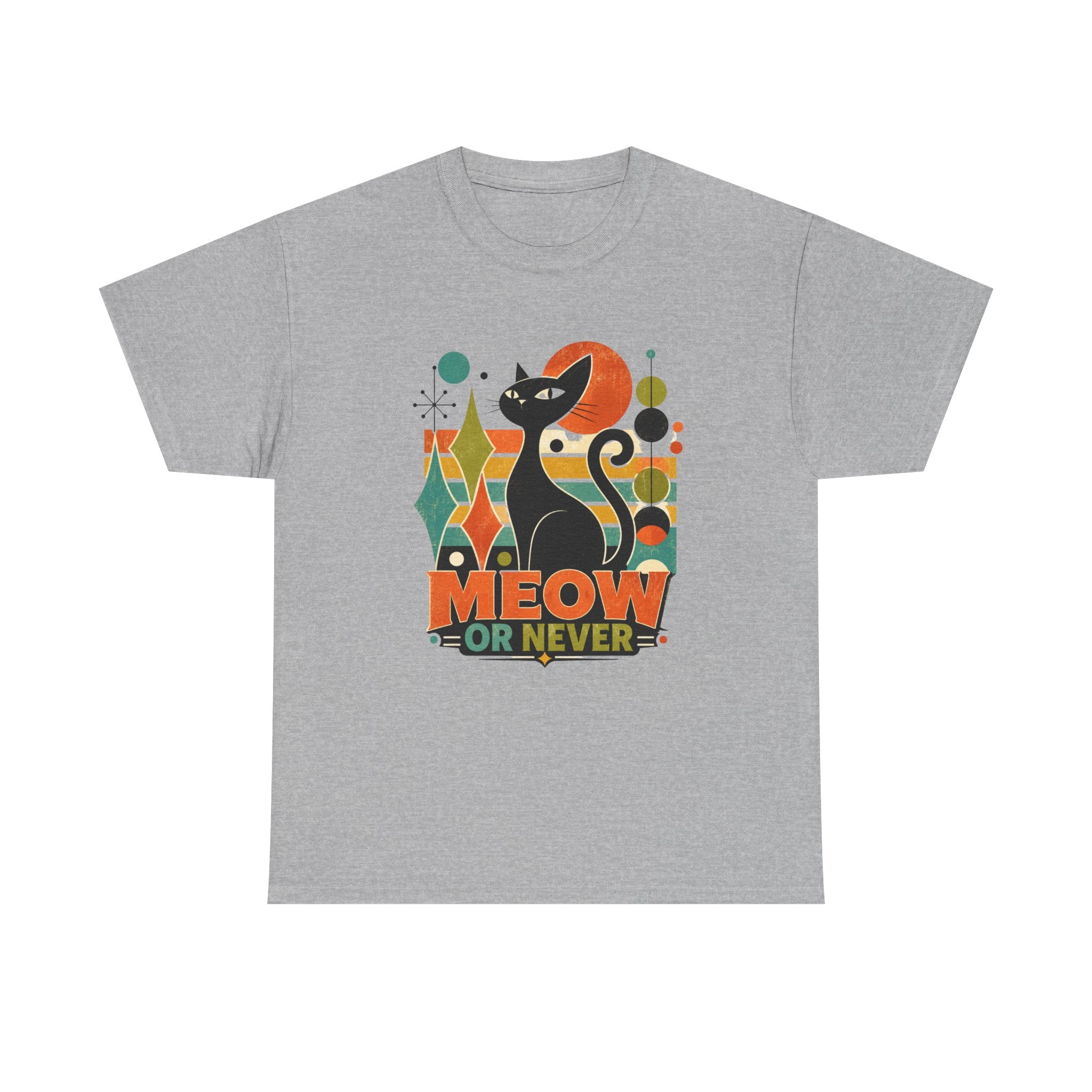 Cat T-Shirt — "Meow or Never" Retro Cat Graphic Tee. Tangentsies Cat Mod t=shirt
