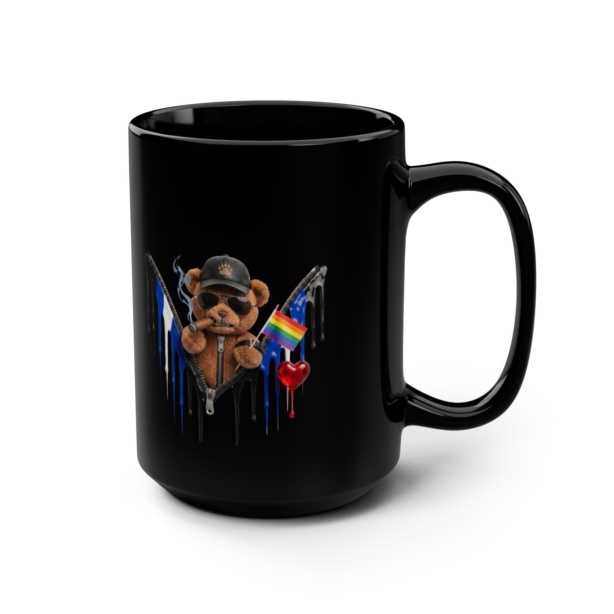 15oz Black Mug — Dripping Teddy with Rainbow & Thin Blue Line Flags. Leather pride mug. Bear Pride mug. LGBTQ pride mug