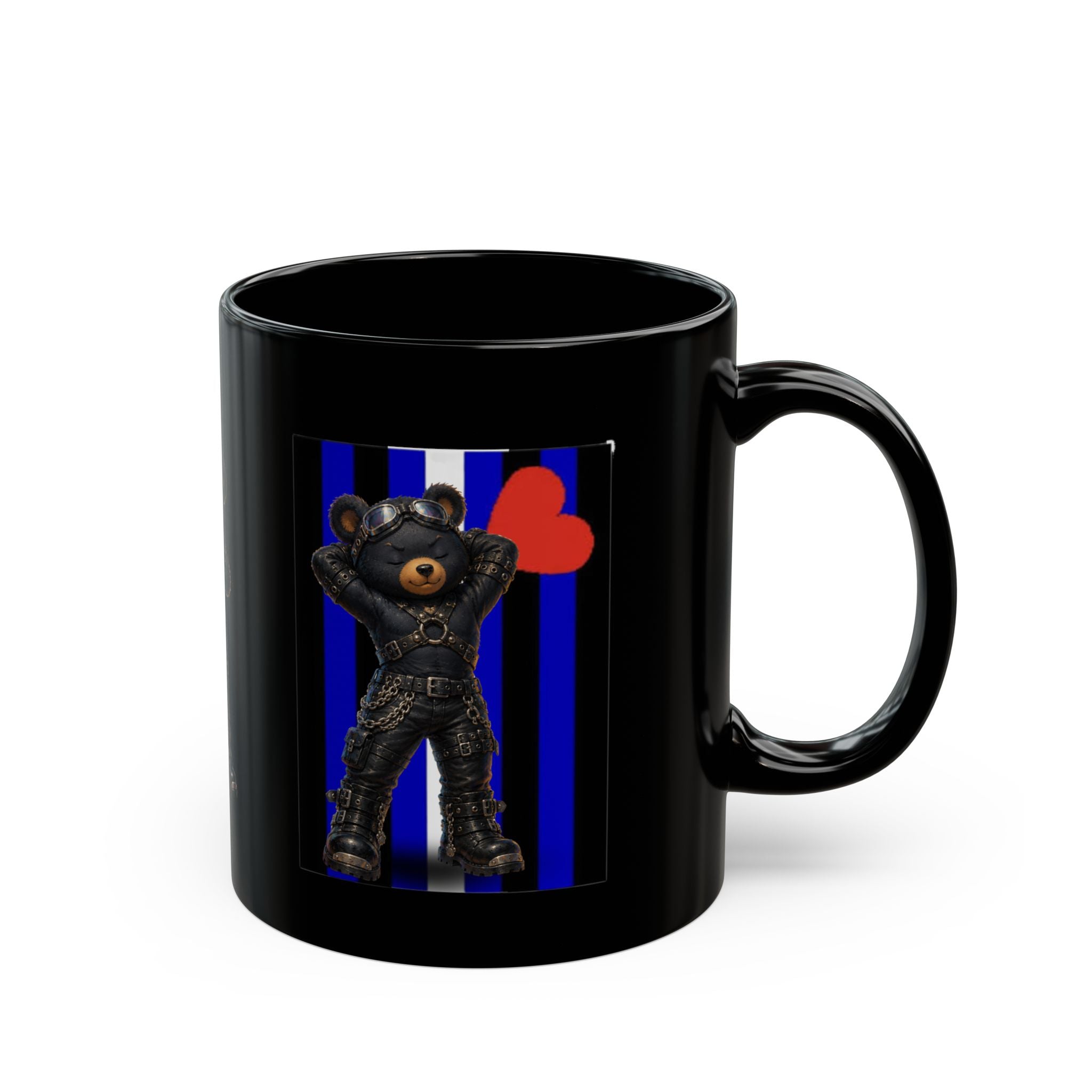 Leather Bear Mug — Biker Teddy on Blue Stripe Black Coffee Cup (11oz, 15oz)