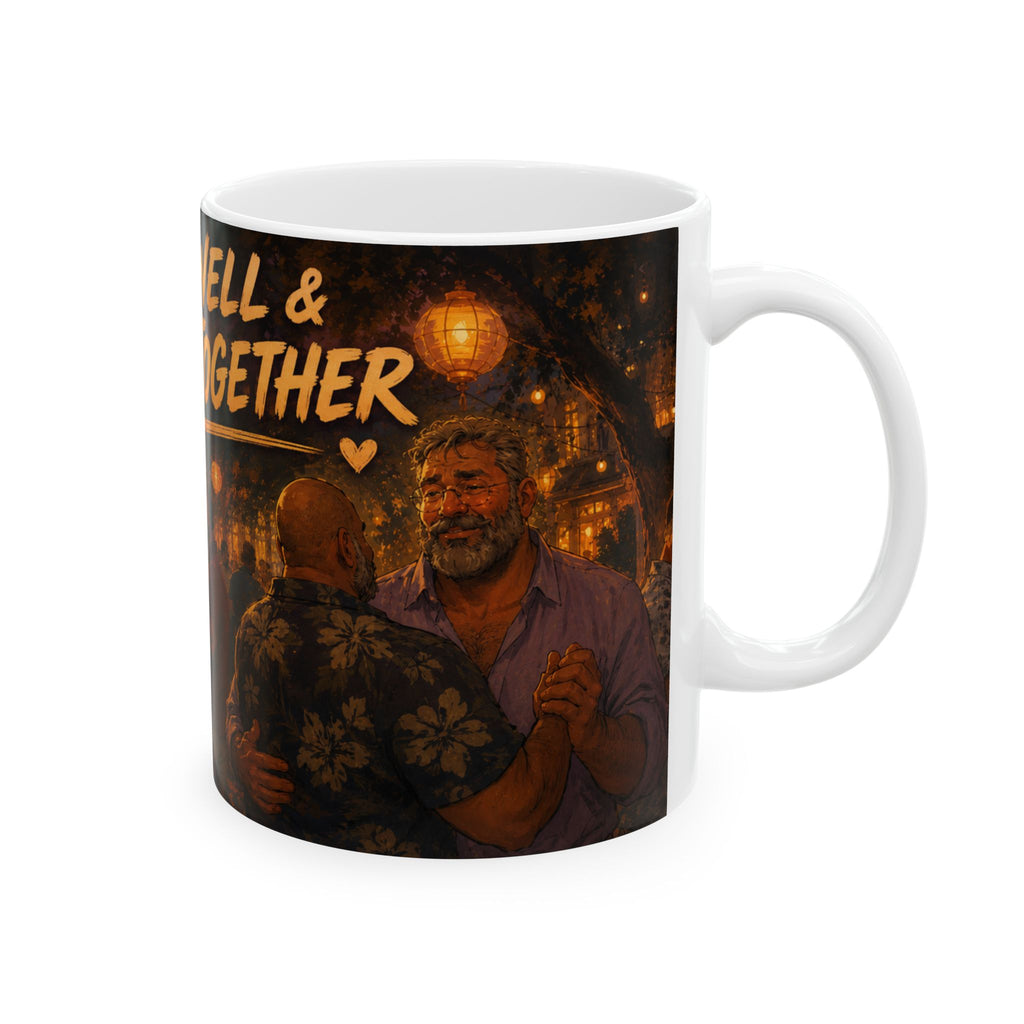 Alive, Well & Dancing Together Ceramic Mug — Vintage Festival Night Coffee Cup (11oz/15oz) Bear community festival event