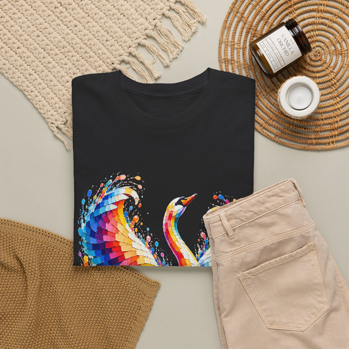 Mosaic Glass Colorful Swan Art T-Shirt — Vibrant Watercolor Bird Graphic Tee
