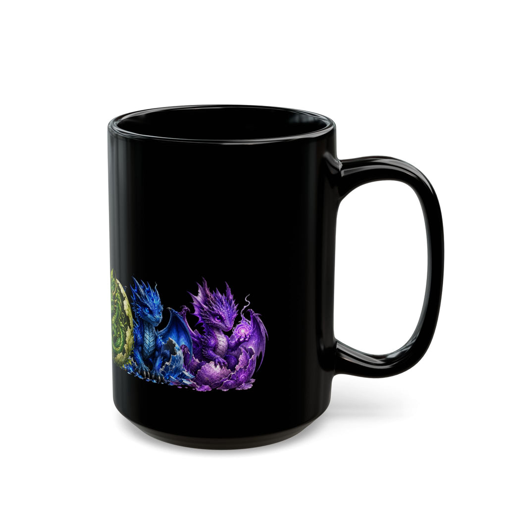 Dragon Hatchlings Black Mug — Colorful Elemental Baby Dragons Coffee Cup (11oz/15oz)Rainbow Dragons
