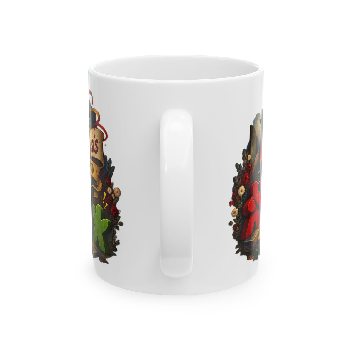 Board Game Art Ceramic Mug - Colorful Meeples, Dice & Strategy Scene (11oz/15oz)