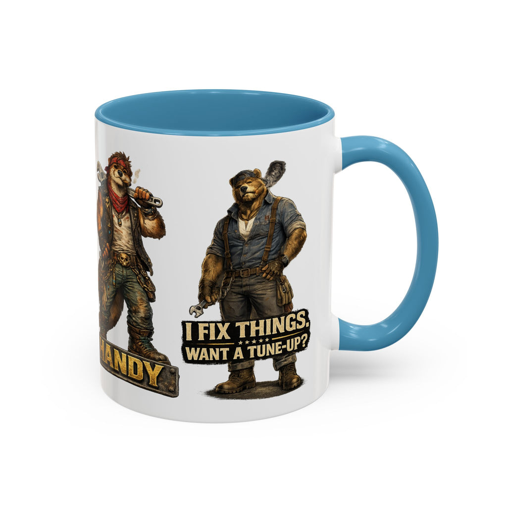 Handy Bear Mechanics Coffee Mug — "I Fix Things, Want a Tune-Up?" Accent Ceramic Mug