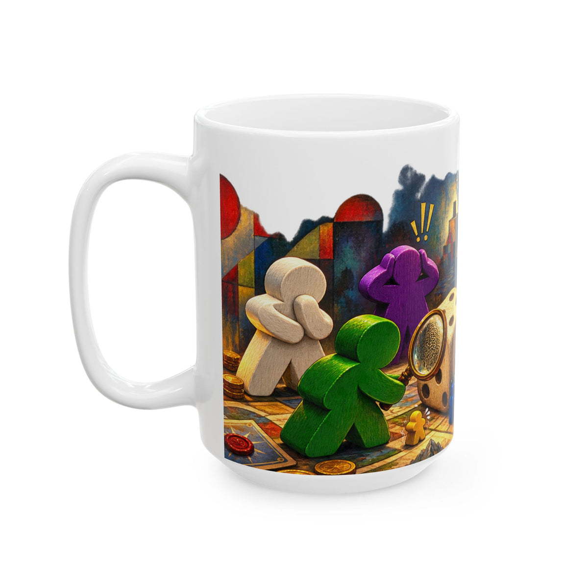 Board Game Adventure Ceramic Mug — Colorful Meeples, Dice & 'Not All Who Wander' Art (11oz/15oz)