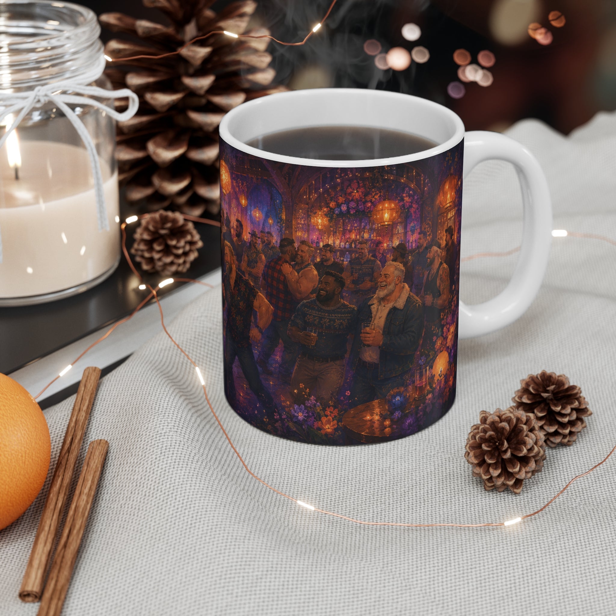 Holiday Pub Night Mug — Cozy Festive Men’s Bear Dance Gathering Coffee Cup. Bear Mug