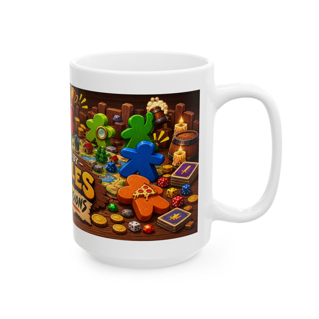 Ceramic Mug — "Powered by Meeples & Poor Decisions" Board Game Coffee Cup