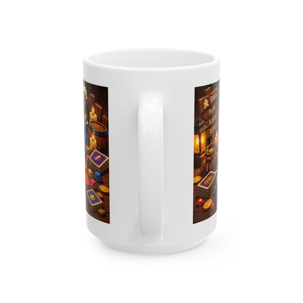 Ceramic Mug — "Powered by Meeples & Poor Decisions" Board Game Coffee Cup