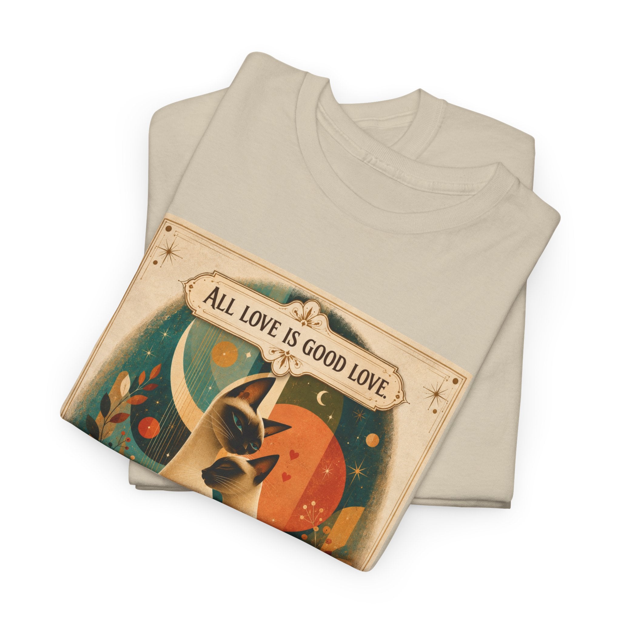 Cat Love Graphic Tee — "All Love Is Good Love" Retro Cat Couple T-Shirt. Siamese Cat Shirt Cat Lover Gift Cat Mom Shirt Cat Dad Shirt Cat People Apparel Cute Cat T-Shirt Cat Lover Tee Siamese Cat...