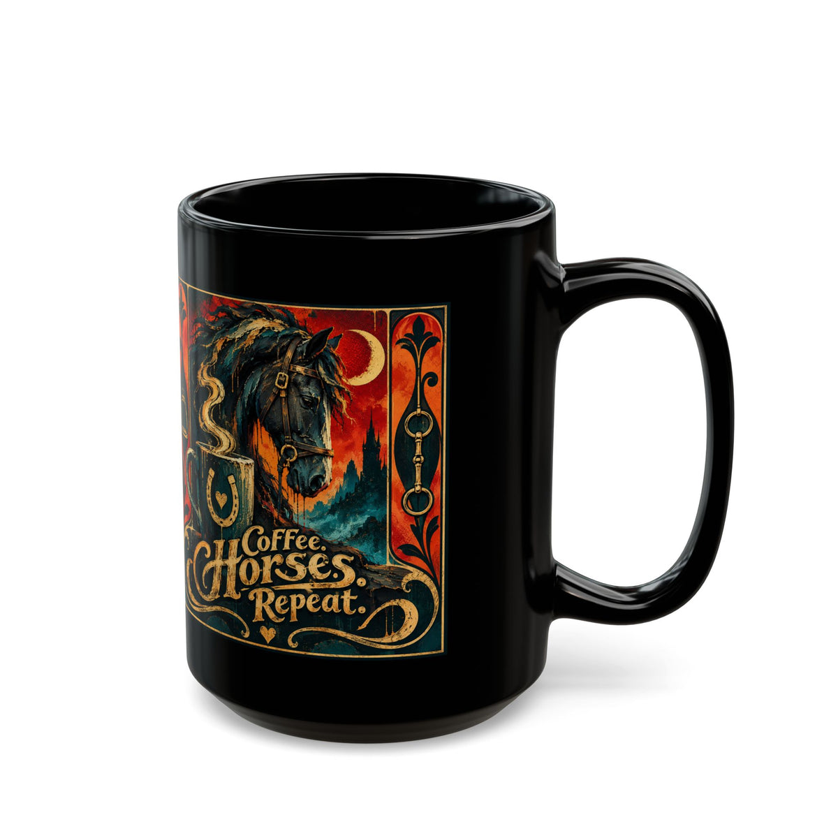 Coffee Horses Repeat Mug — Vintage Gothic Horse & Coffee Art (Black 11oz/15oz)