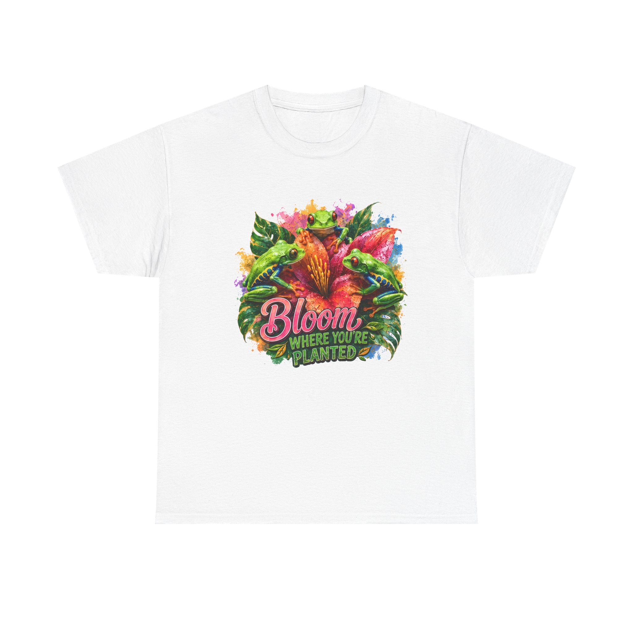 Bloom Where You're Planted Floral T-Shirt — Colorful Garden Graphic Tee. Tree Frogs t-shirt