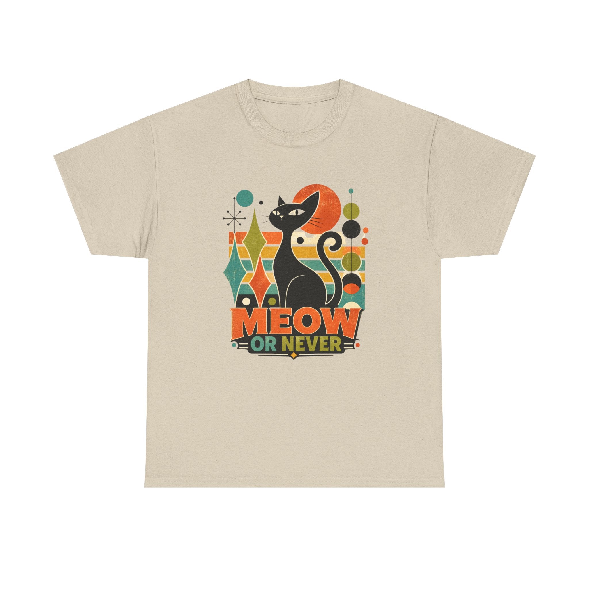Cat T-Shirt — "Meow or Never" Retro Cat Graphic Tee. Tangentsies Cat Mod t=shirt