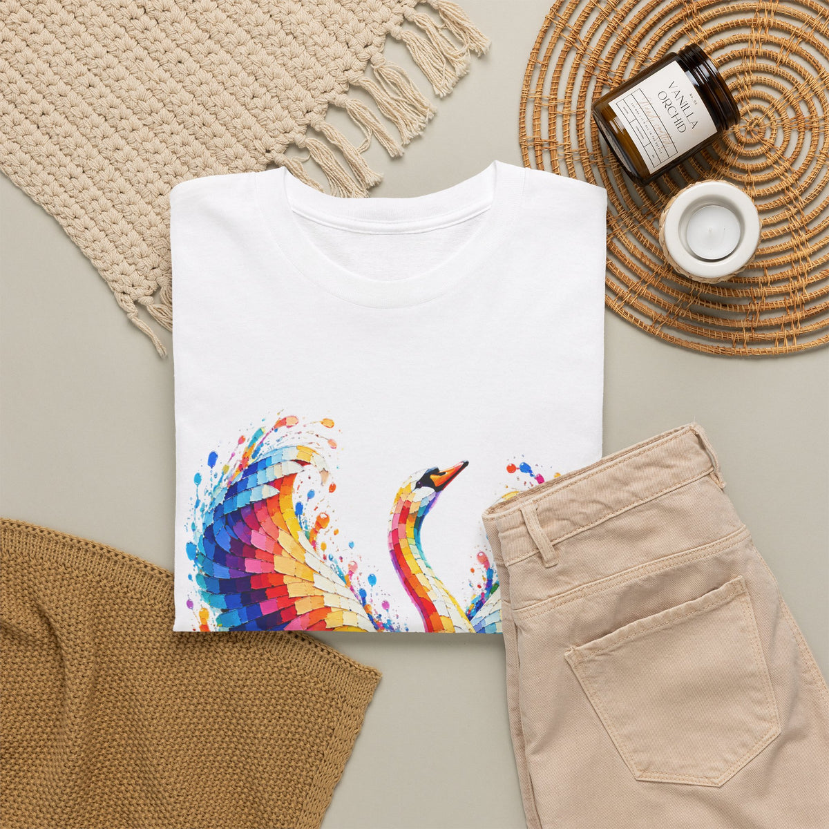 Mosaic Glass Colorful Swan Art T-Shirt — Vibrant Watercolor Bird Graphic Tee