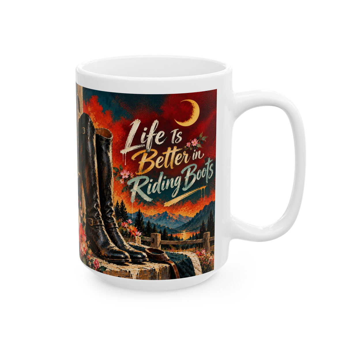 Life Is Better in Riding Boots Ceramic Mug — Western Cowboy Cowgirl Riding Boots Coffee Cup (11oz/15oz)