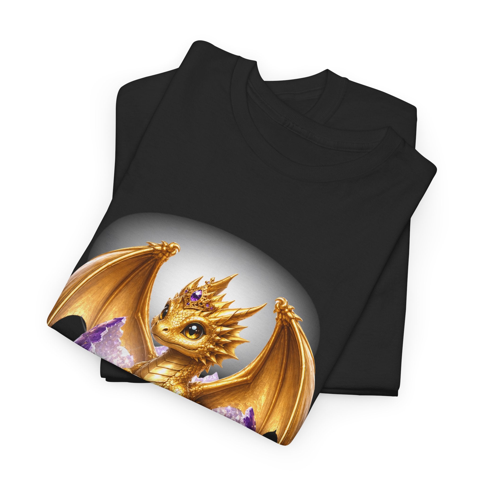 Golden Baby Dragon Tee — Cute Fantasy Dragon Shirt with Purple Egg