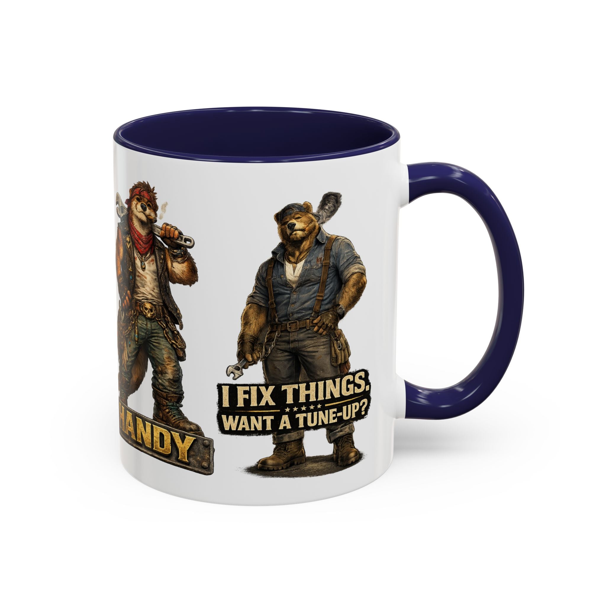 Handy Bear Mechanics Coffee Mug — "I Fix Things, Want a Tune-Up?" Accent Ceramic Mug