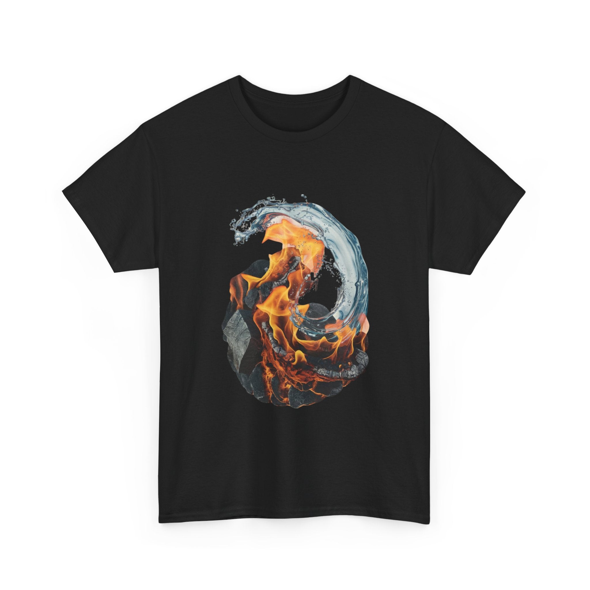 Fire and Water Yin-Yang Graphic Tee — Elemental Flames & Waves T‑Shirt