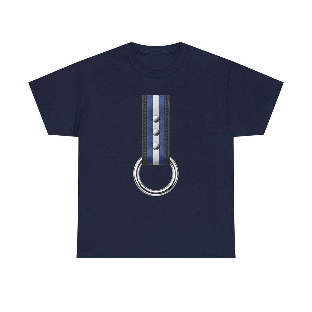 Blue Stripe O-Ring Graphic Tee. Leather pride strap