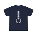 Blue Stripe O-Ring Graphic Tee. Leather pride strap