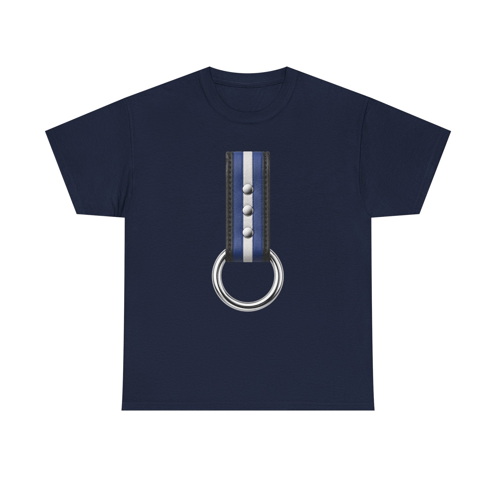 Blue Stripe O-Ring Graphic Tee. Leather pride strap
