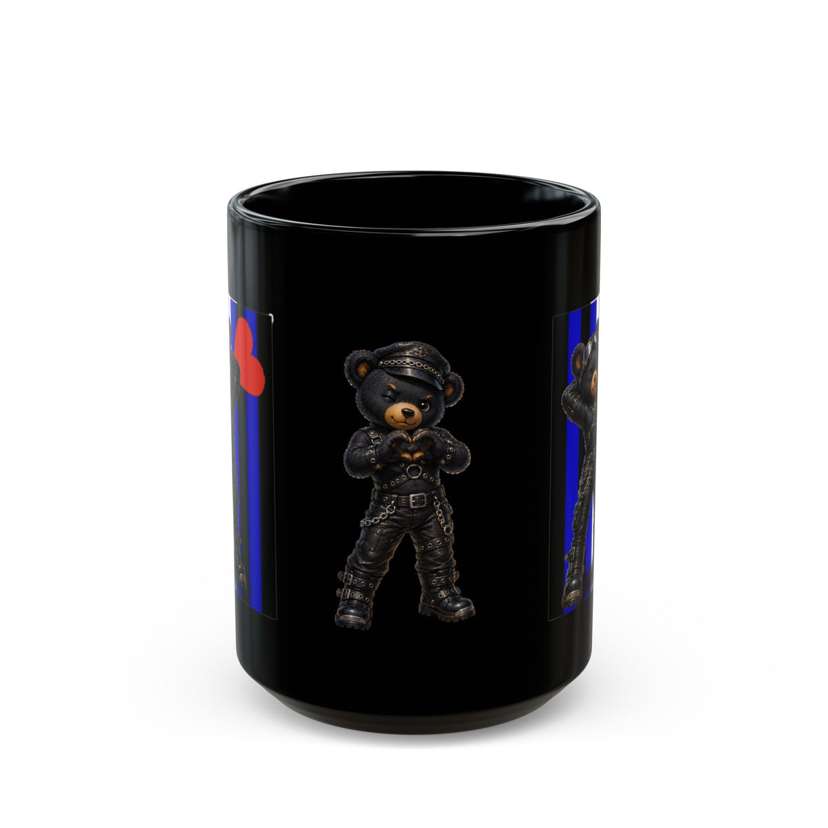 Leather Bear Mug — Biker Teddy on Blue Stripe Black Coffee Cup (11oz, 15oz)