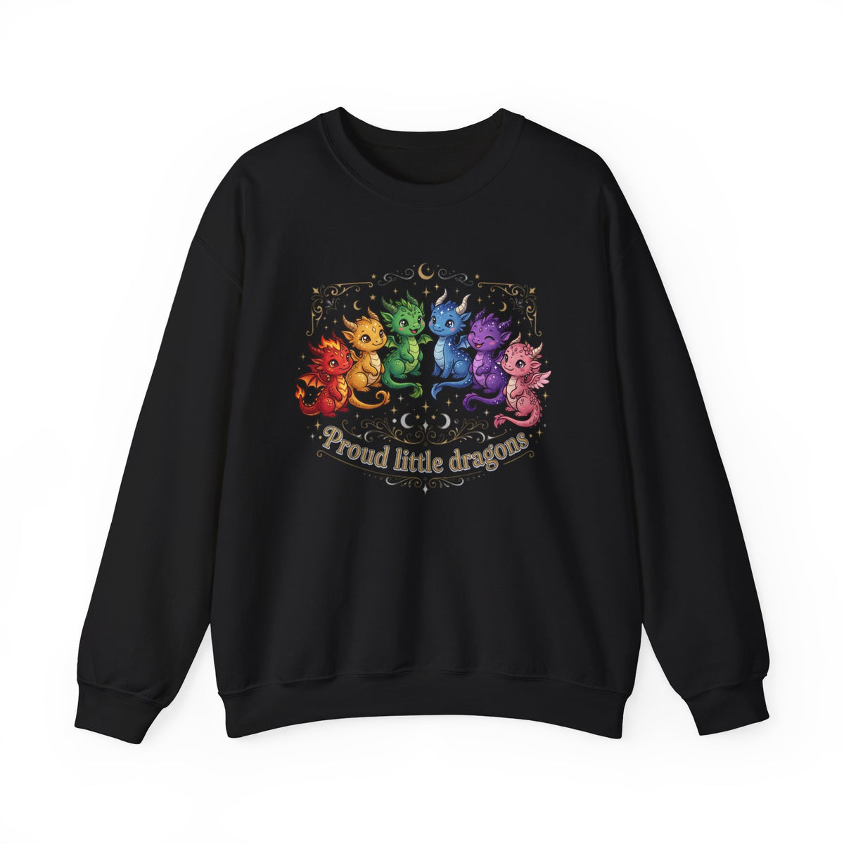 Crewneck Sweatshirt — "Proud Little Dragons" Rainbow Baby Dragon Graphic
