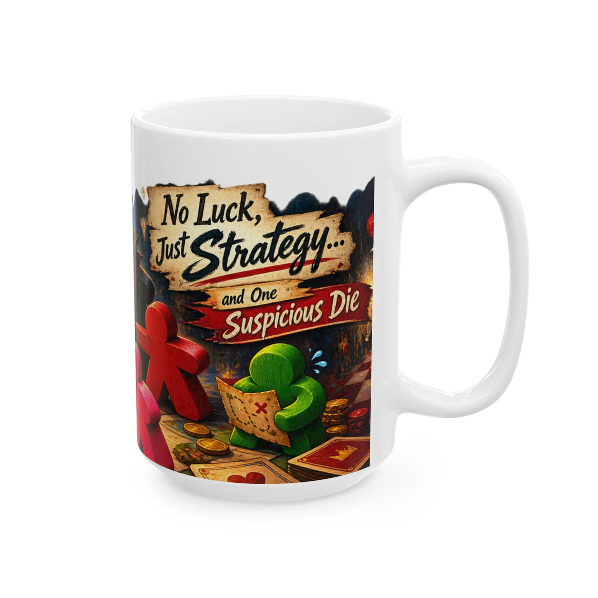 Board Game Adventure Ceramic Mug — Colorful Meeples, Dice & 'Not All Who Wander' Art (11oz/15oz)