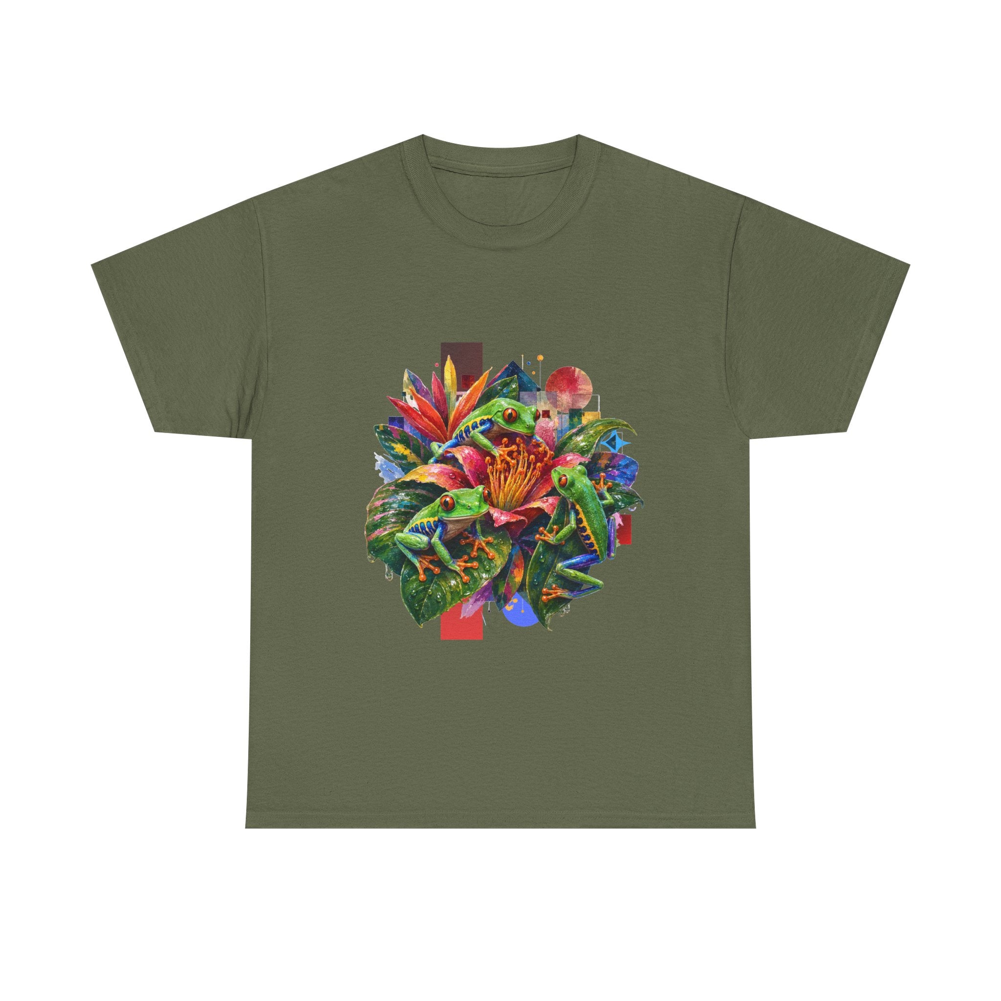 T-Shirt — Tropical Floral Collage Tee. Frog tee, Tree Frogs in Foliage. Eco-friendly reminder.