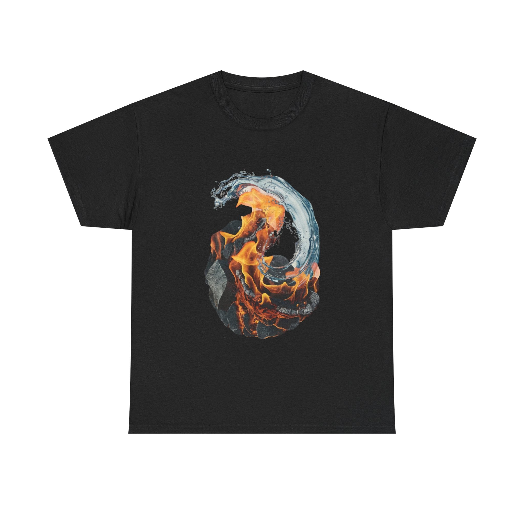 Fire and Water Yin-Yang Graphic Tee — Elemental Flames & Waves T‑Shirt