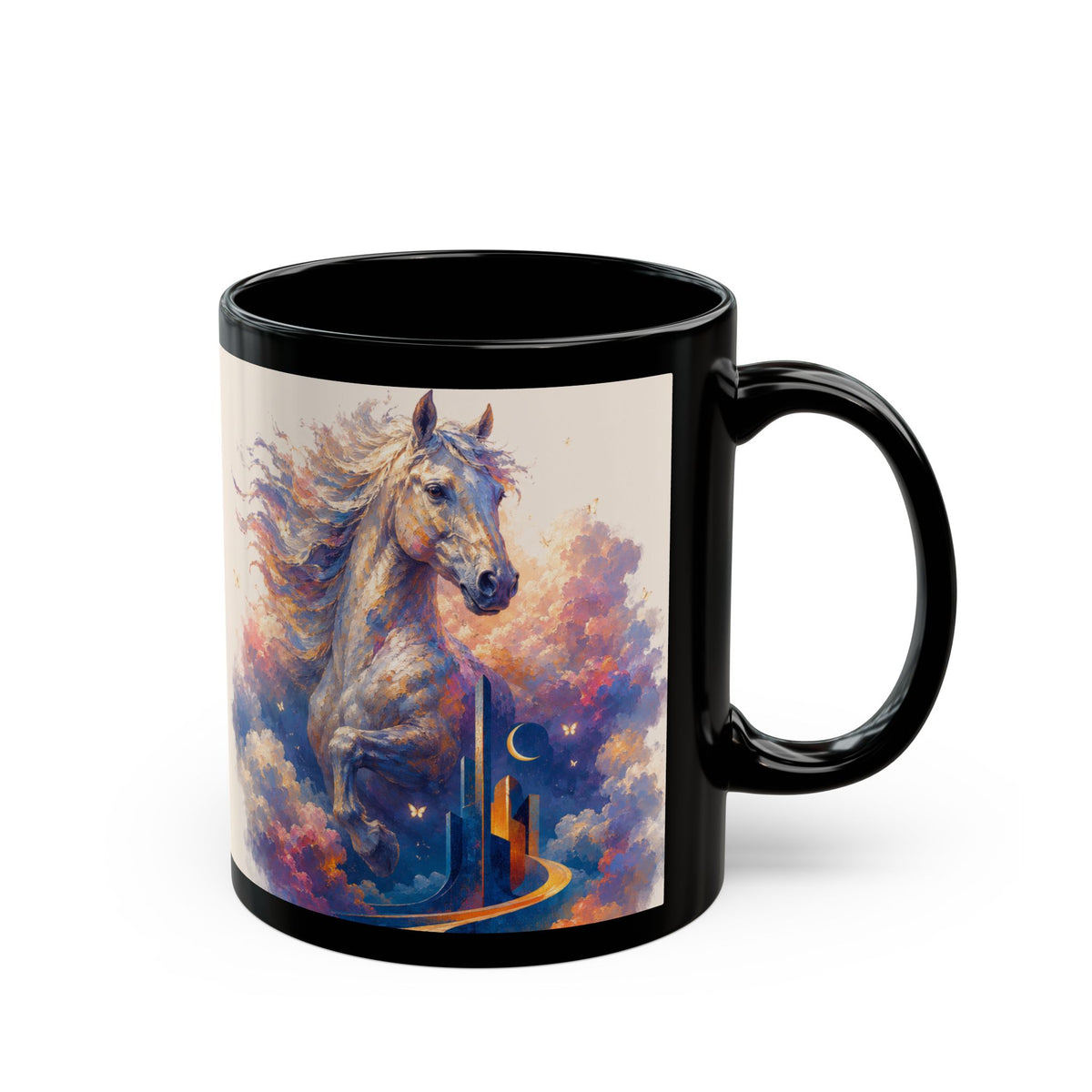 Magical Horse Nightscape Black Mug (11oz & 15oz) — Fantasy Unicorn-Like Horse Coffee Cup
