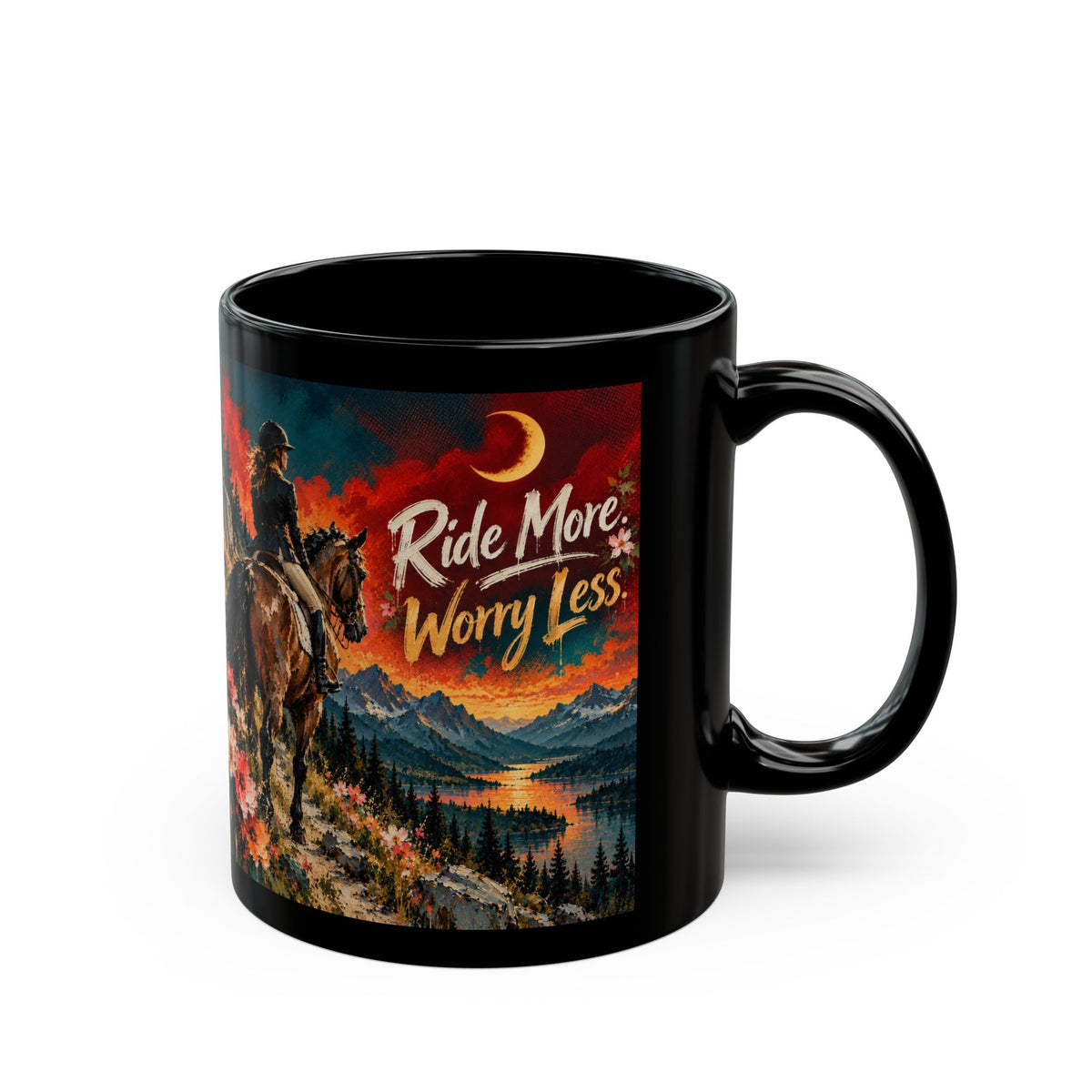Ride More Worry Less Mug — Cowboy Horse Scenic Black Coffee Cup (11oz/15oz)Horse Lover Coffee Mug – Equestrian Art Mug with Jewel Tone Horse Painting