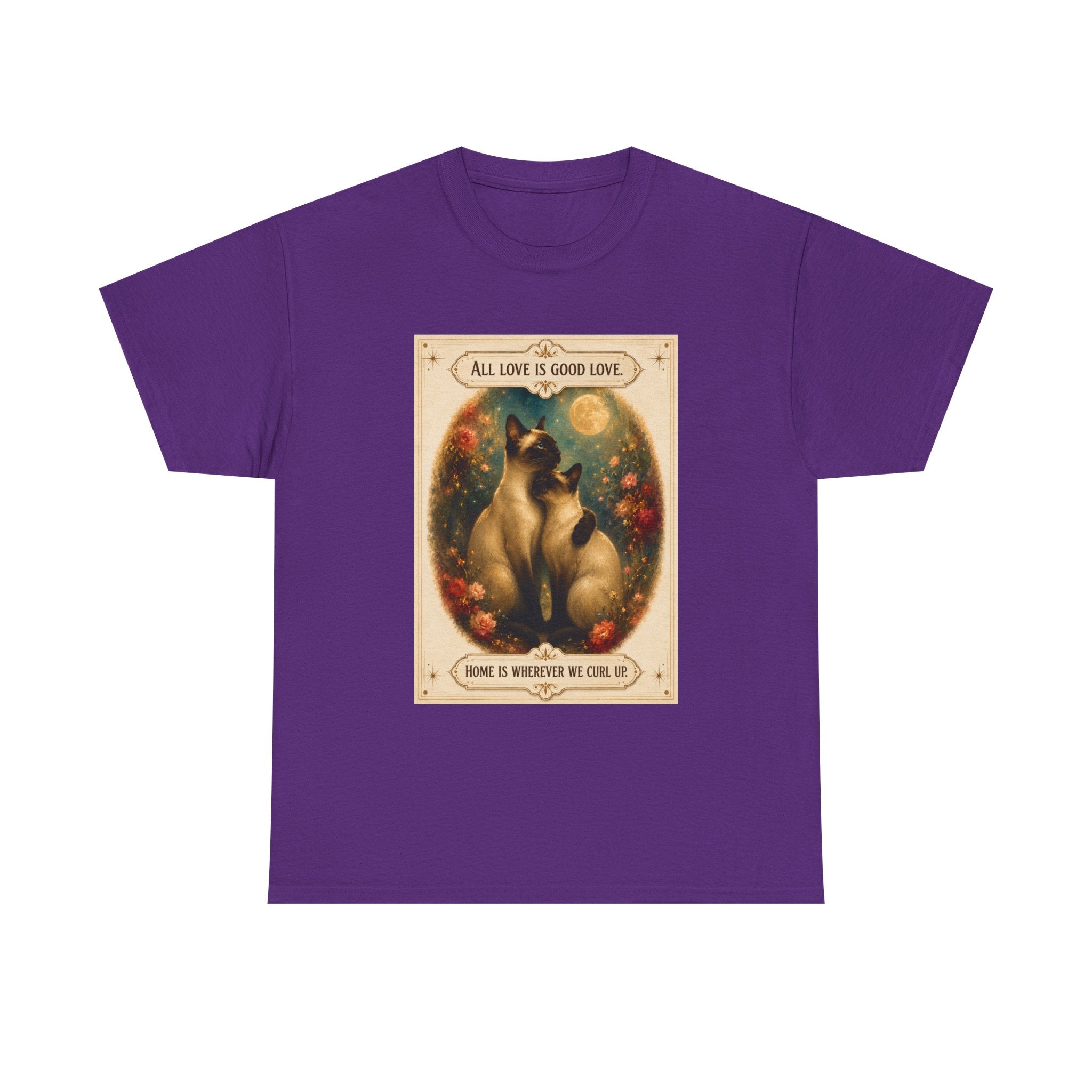 Cat Love Vintage Poster T-Shirt — "All Love Is Good Love" Graphic Tee. Siamese cats in love.