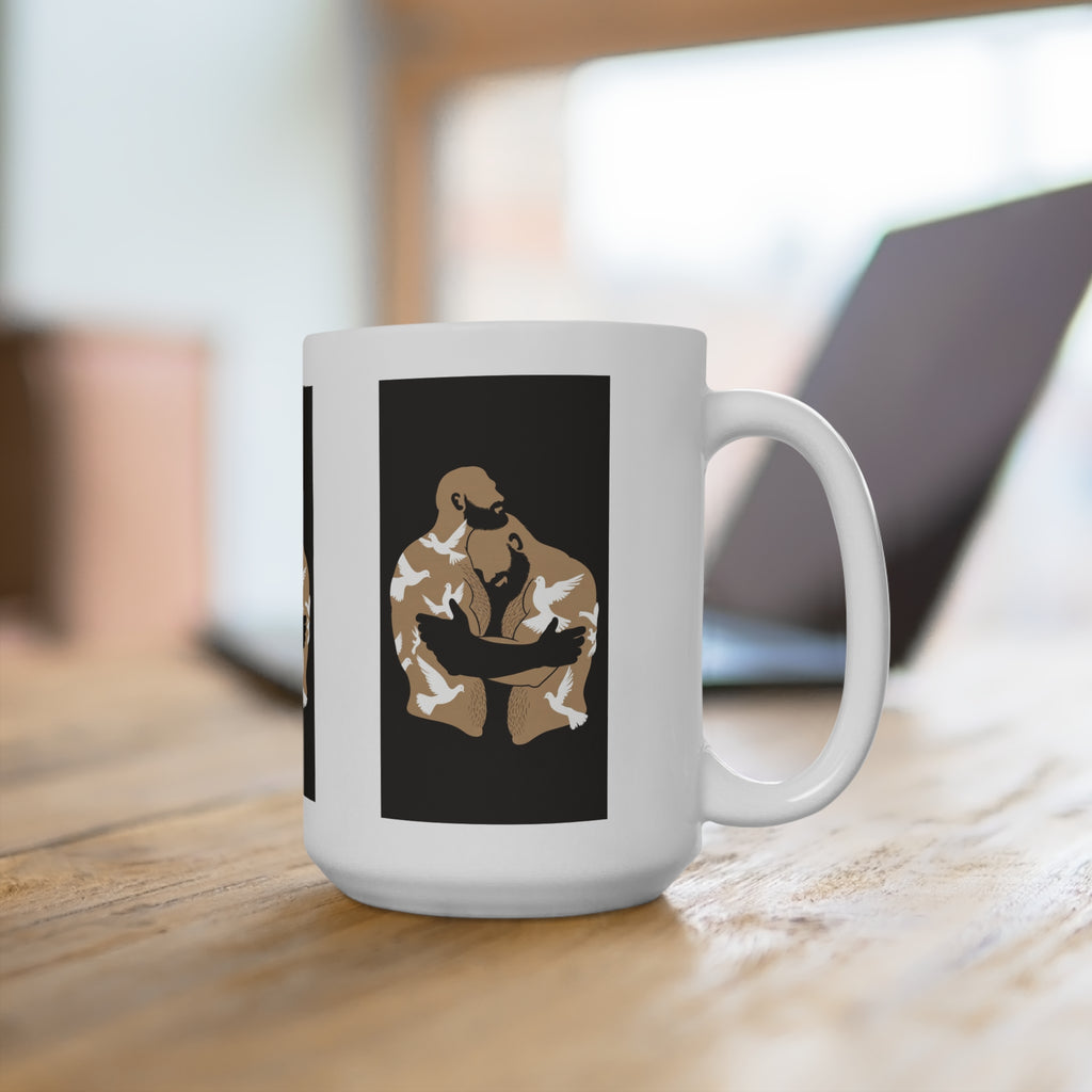 15oz Mug — Strong Embrace Illustration Coffee Cup. Comfort. LGBTQ mug.