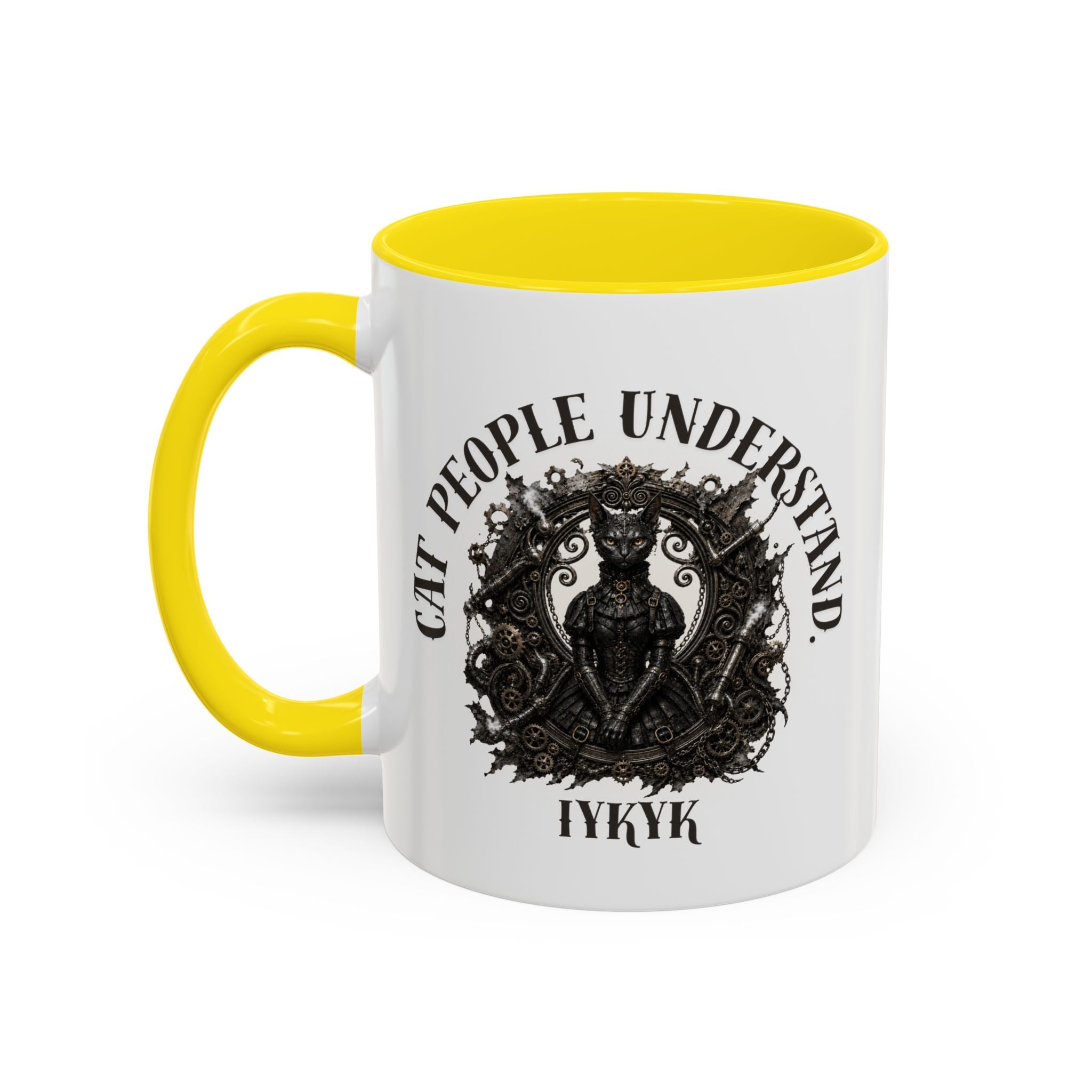 Cat People Understand Accent Mug — 'IYKYK' Black-Trim Coffee Cup. Cat lovers. Cat people. Cat mug.