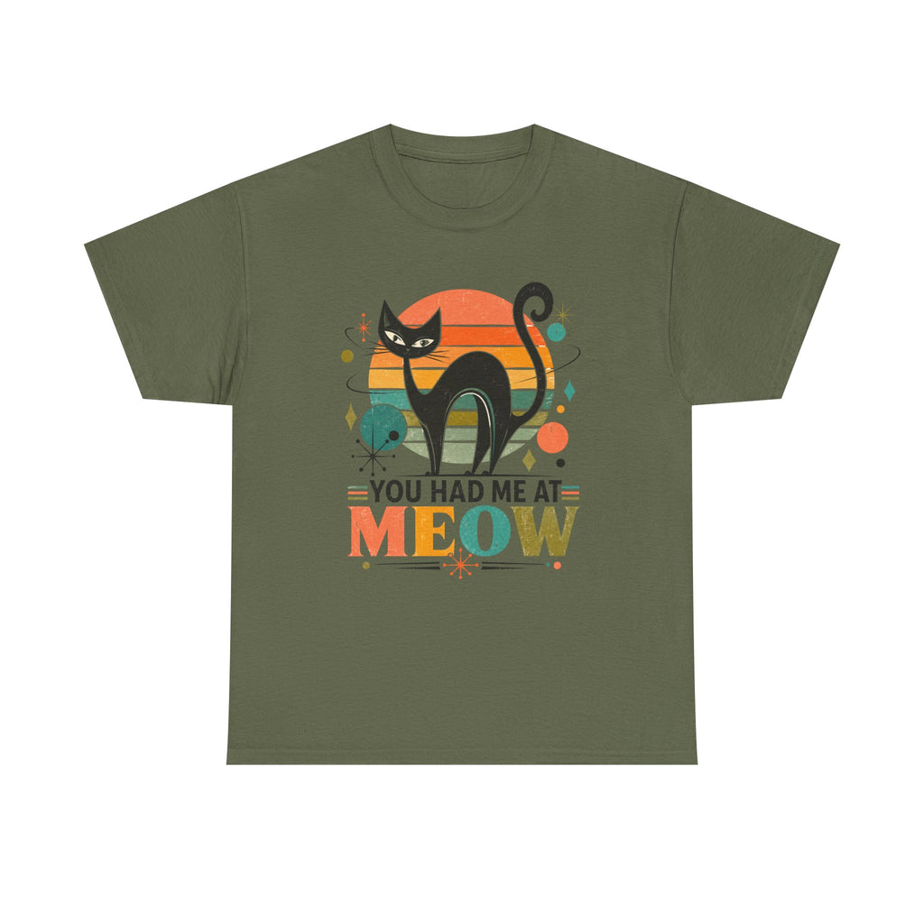You Had Me At Meow Tee — Retro Cat Graphic T-Shirt. Tangentsies Cat in Retro Mod