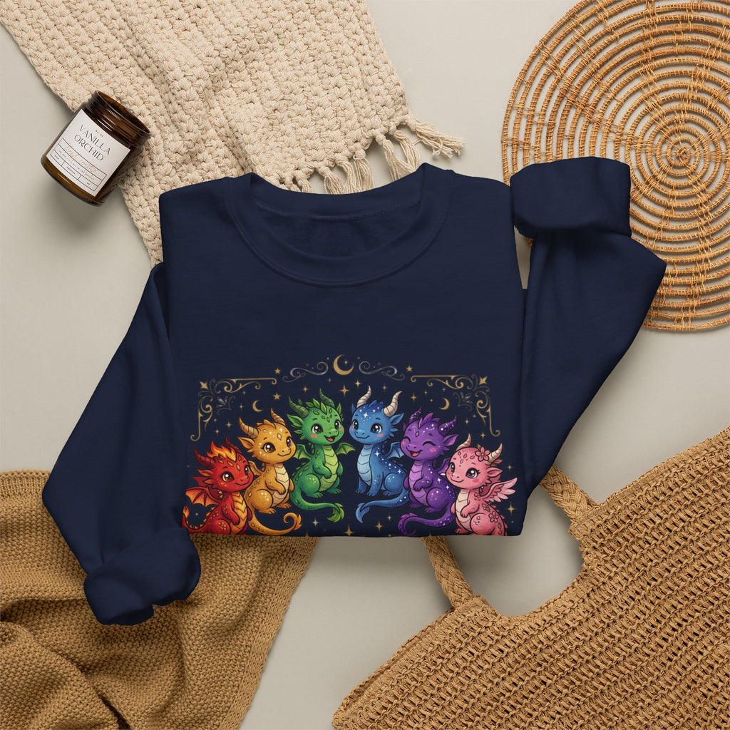 Crewneck Sweatshirt — "Proud Little Dragons" Rainbow Baby Dragon Graphic