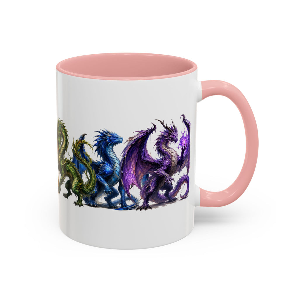 Rainbow Dragon Lineup Accent Coffee Mug — Colorful Fantasy Creature Tea & Coffee Cup