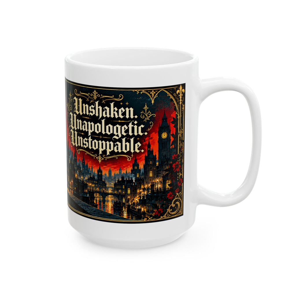 Gothic Cityscape Ceramic Mug — 'Unsinkable, Unapologetic, Unstoppable' Rooted in Greatness Afrocentric Empowerment Mug. Dark Fantasy Coffee Cup
