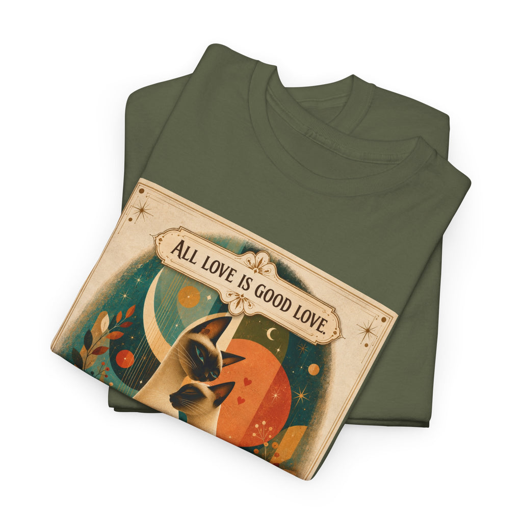 Cat Poster T-Shirt – "All Love Is Good Love" Retro Cat Love Graphic Tee. Siamese Cat Shirt Cat Lover Gift Cat Mom Shirt Cat Dad Shirt Cat People Apparel Cute Cat T-Shirt Cat Lover Tee Siamese Cat...