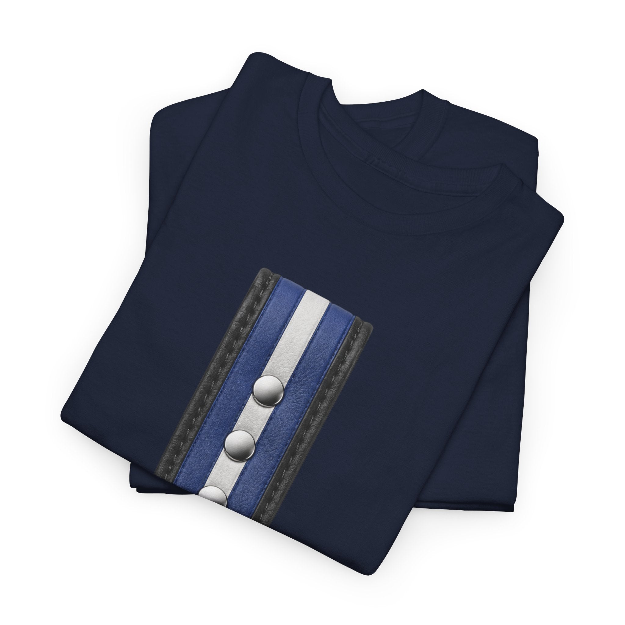 Blue Stripe O-Ring Graphic Tee. Leather pride strap