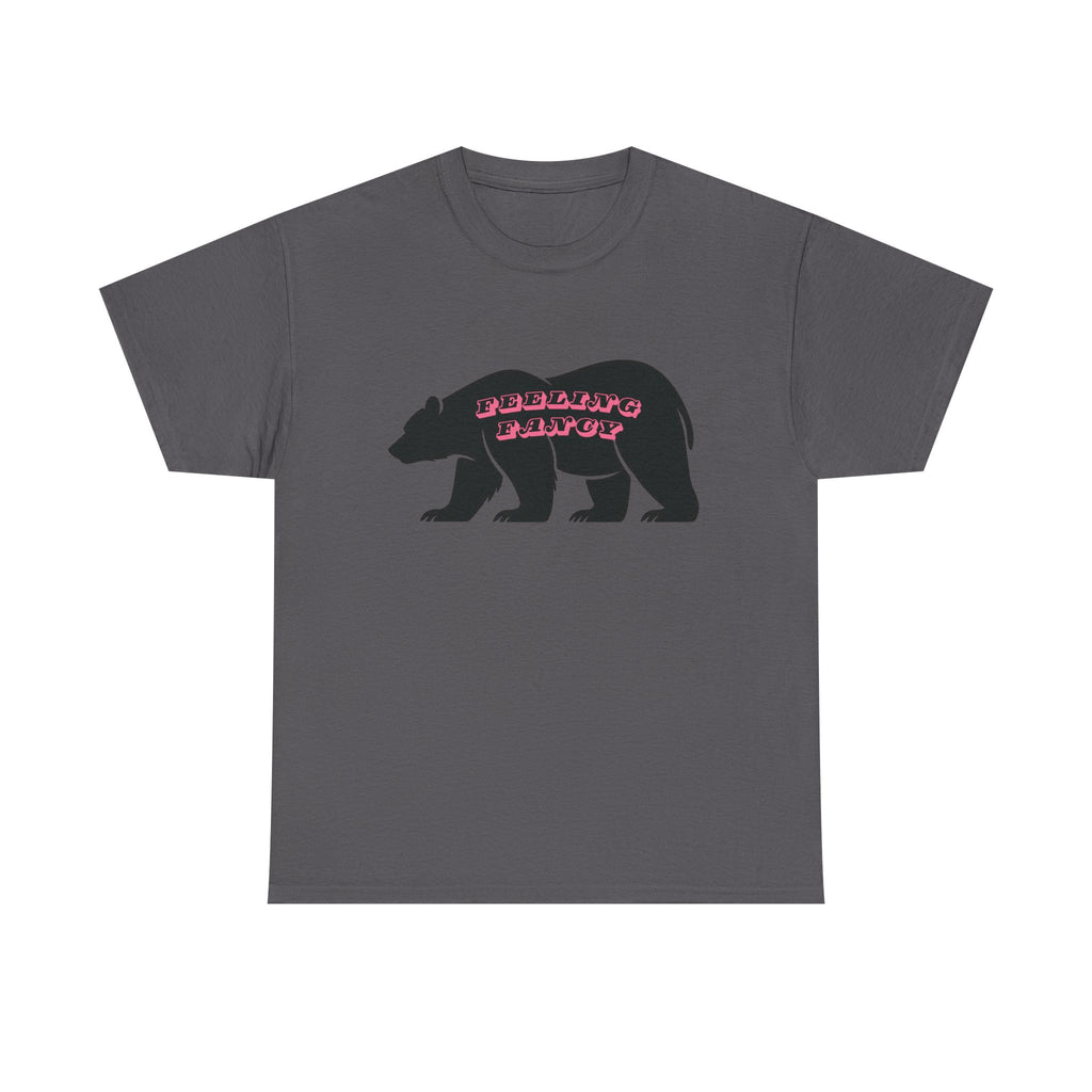 Bear Silhouette Tee — Retro Pink Script Graphic. Feeling Fancy