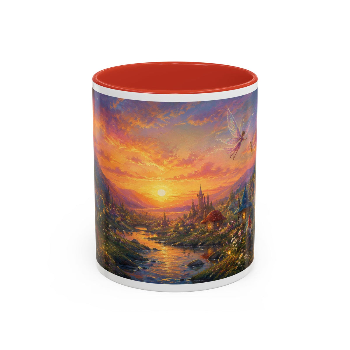 Fantasy Sunset Coffee Mug — Whimsical Village Sunrise Art Accent Mug (11/15oz)