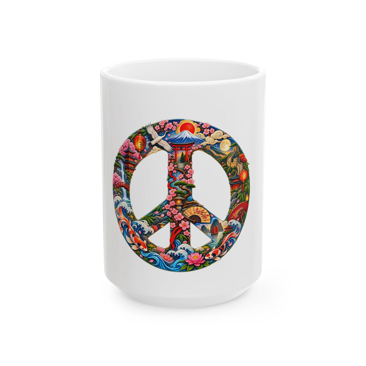 Peace Sign Ceramic Mug — Colorful Japanese-Inspired Floral & Nature 11oz/15oz