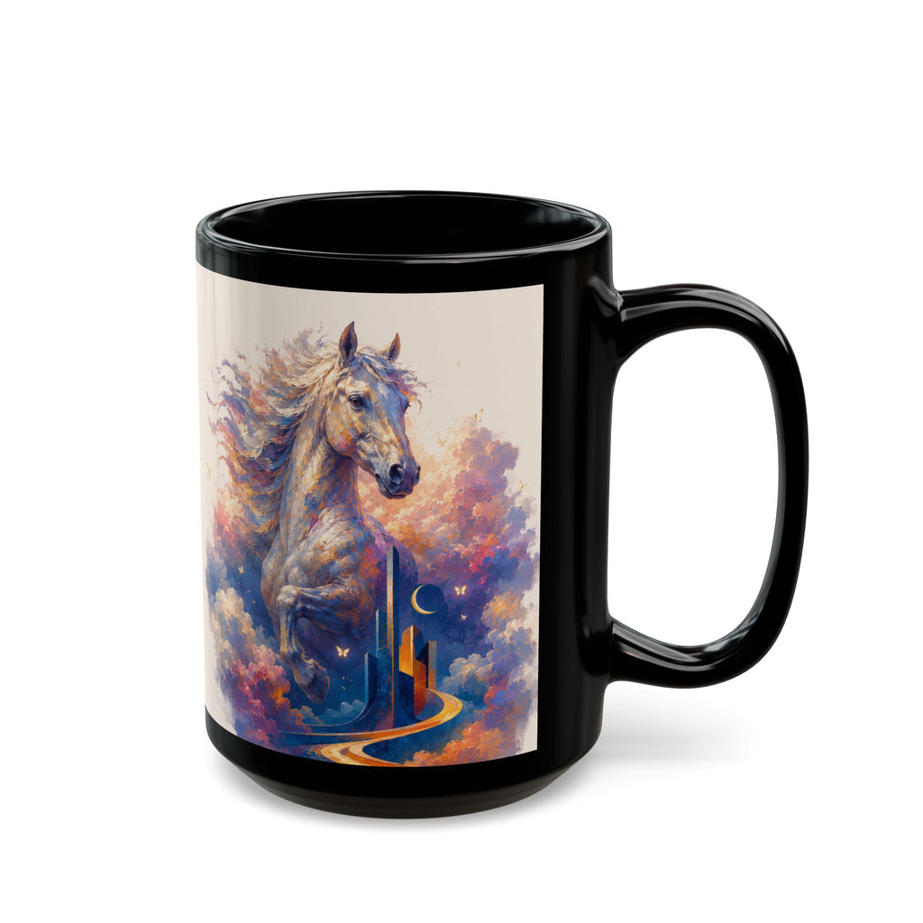 Magical Horse Nightscape Black Mug (11oz & 15oz) — Fantasy Unicorn-Like Horse Coffee Cup